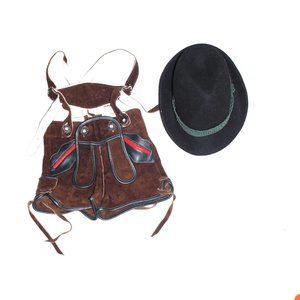Edel Heiss Brown Leather Short Pants & Black Hat, Little Boys Size Euro 68